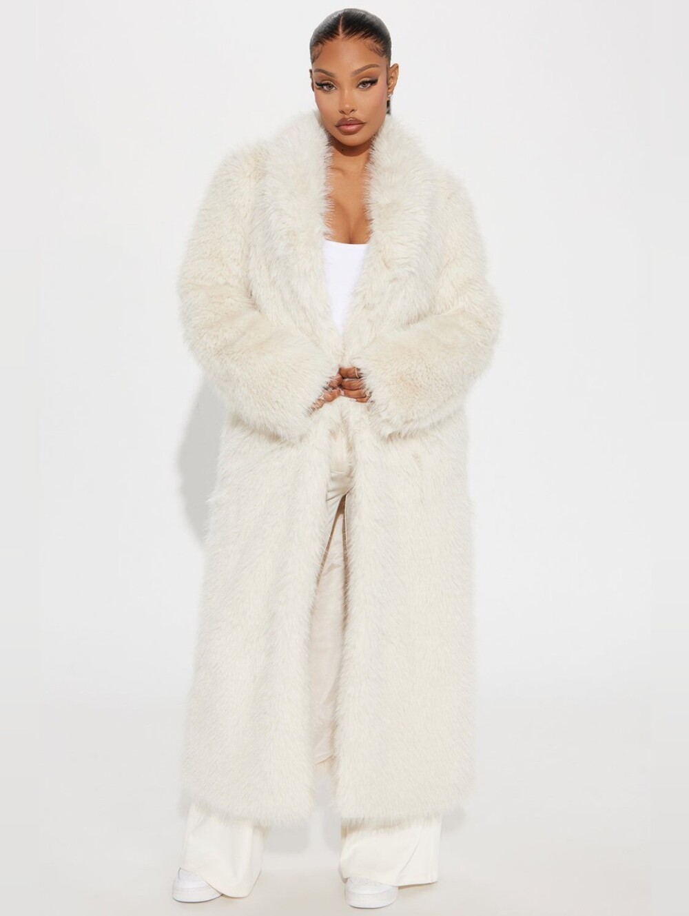 Luxurious Cream Faux-Fur Long Coat